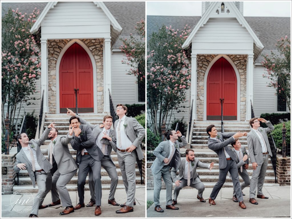 Groom and groomsmen having fun before the wedding in front of Grace Episcopal chapel in Downtown Ocala, FL.